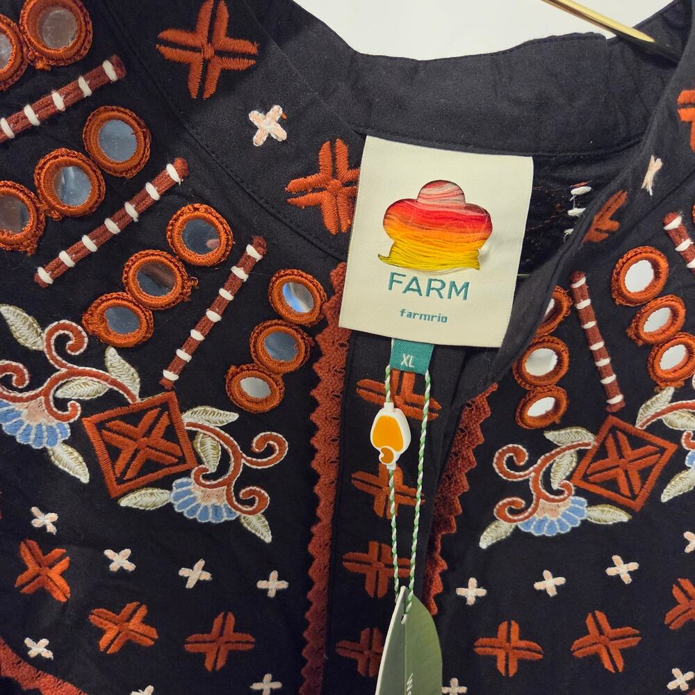 Farm Rio Embroidered cotton button front black blouse size XL - Picture 7 of 12